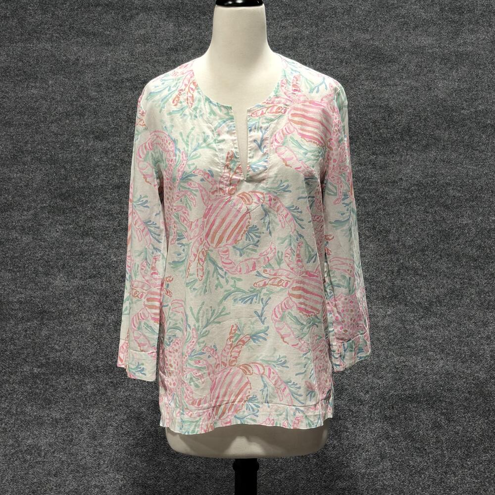 Lilly Pulitzer Shirt Womens Medium Pink Crab Print Cotton Tunic Top Long Sleeve